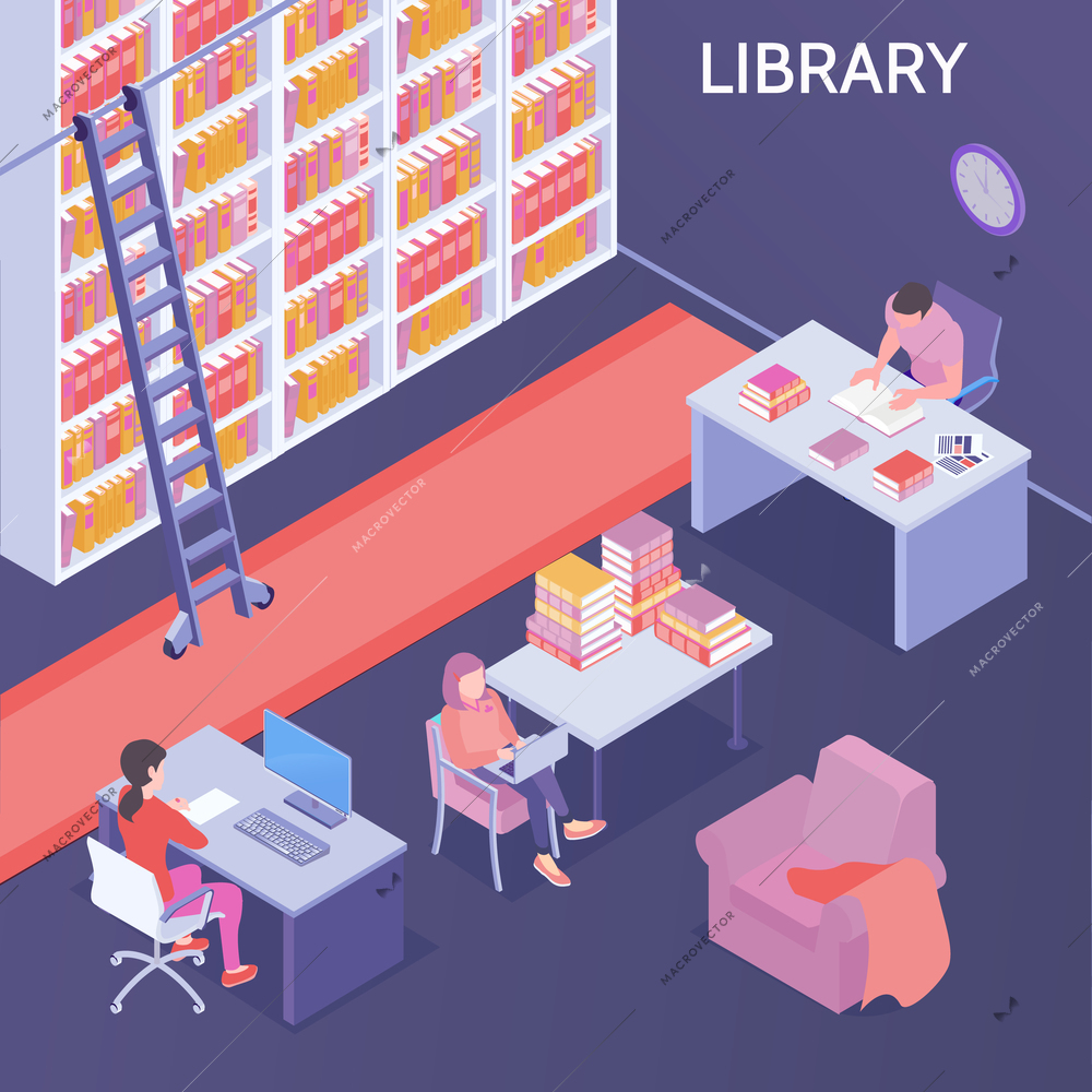 Online library isometric composition with  reading room bookshelves ladder carpet furniture visitors books magazines desktop vector illustration