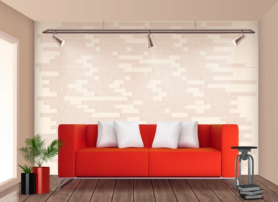 Small room stylish interior design with red sofa and flower pot brighten up neutral walls realistic vector illustration