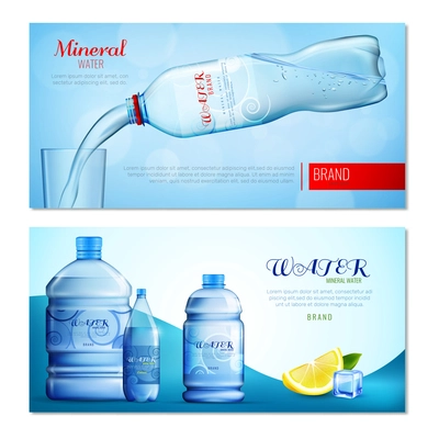 Horizontal banners with drinking water in plastic bottle, slice of lemon, ice cube isolated vector illustration