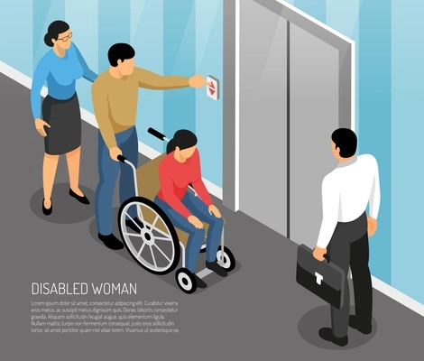 Young disabled woman in wheel chair with accompanying persons waiting lift isometric vector illustration