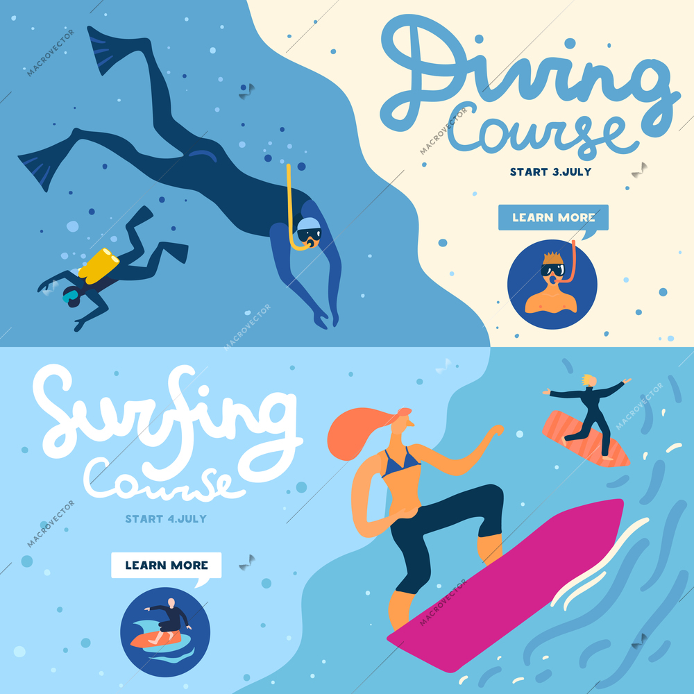 Sea activities horizontal banners set with diving course symbols flat isolated vector illustration