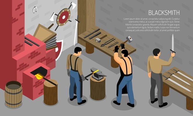 Blacksmith craft isometric composition with masters in work shop interior elements with iron products horizontal vector illustration