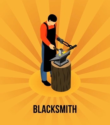 Blacksmith during metal work isometric concept on radial orange background vector illustration