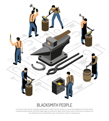 Blacksmith in apron with professional tools and equipment during work set of isometric icons vector illustration