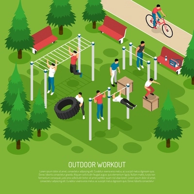 Workout at sports equipment with jumps wheel lifting pull ups in summer park isometric vector illustration