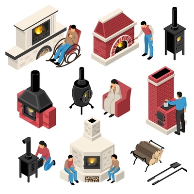 Set of isometric fire places and furnaces of various design with human characters isolated vector illustration