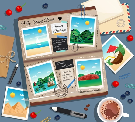 Travel memories abstract background with photographs photo album postal envelope and cup of coffee cartoon vector illustration