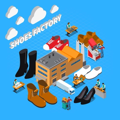 Footwear factory isometric concept with shoes and boots symbols vector illustration