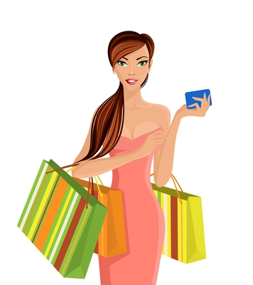 Young sexy attractive woman with shopping bags and smartphone vector illustration