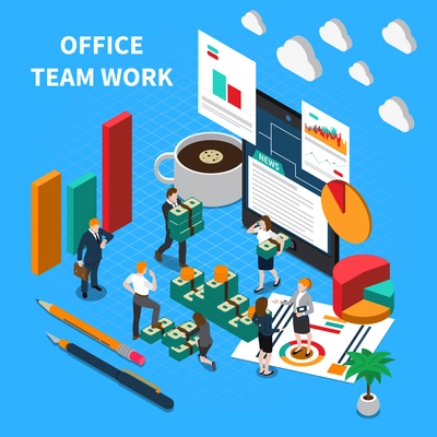Office teamwork isometric concept with communication and progress symbols vector illustration