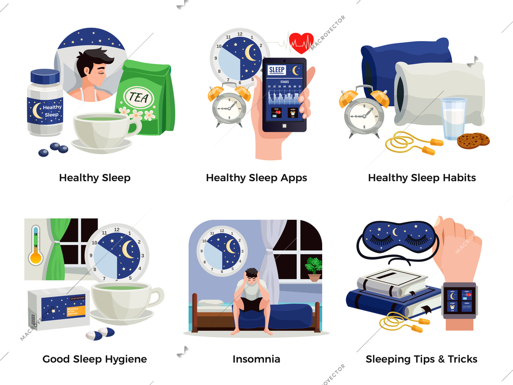 Healthy sleep and insomnia compositions set of habits apps tips tricks good hygiene  isolated vector illustration