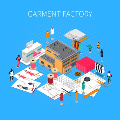 Garment factory isometric concept with patterns and samples symbols vector illustration