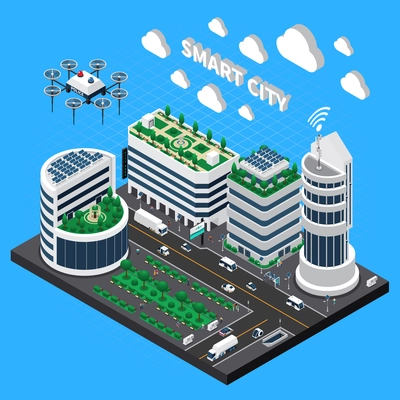 Smart city technology isometric concept with transport and clean city symbols vector illustration