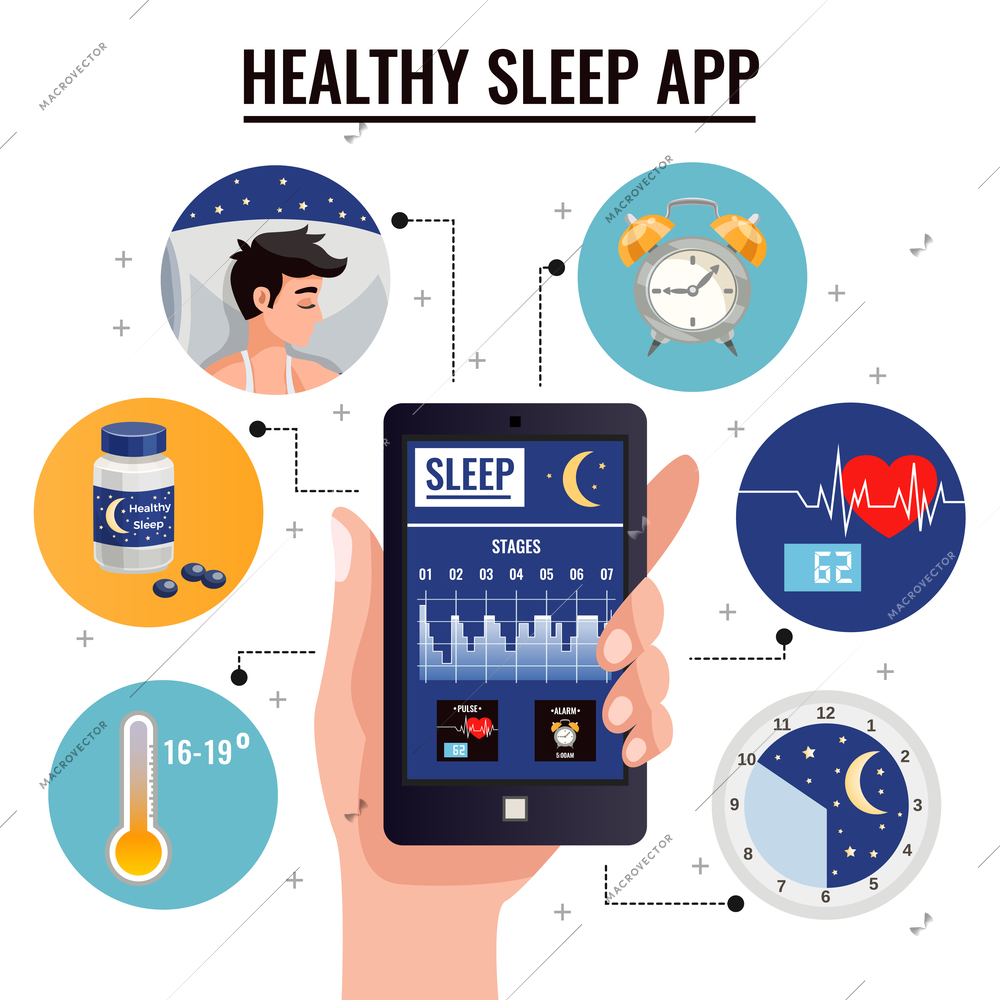 Healthy sleep app design concept with graph of sleep stages on screen of smartphone in human hand vector illustration