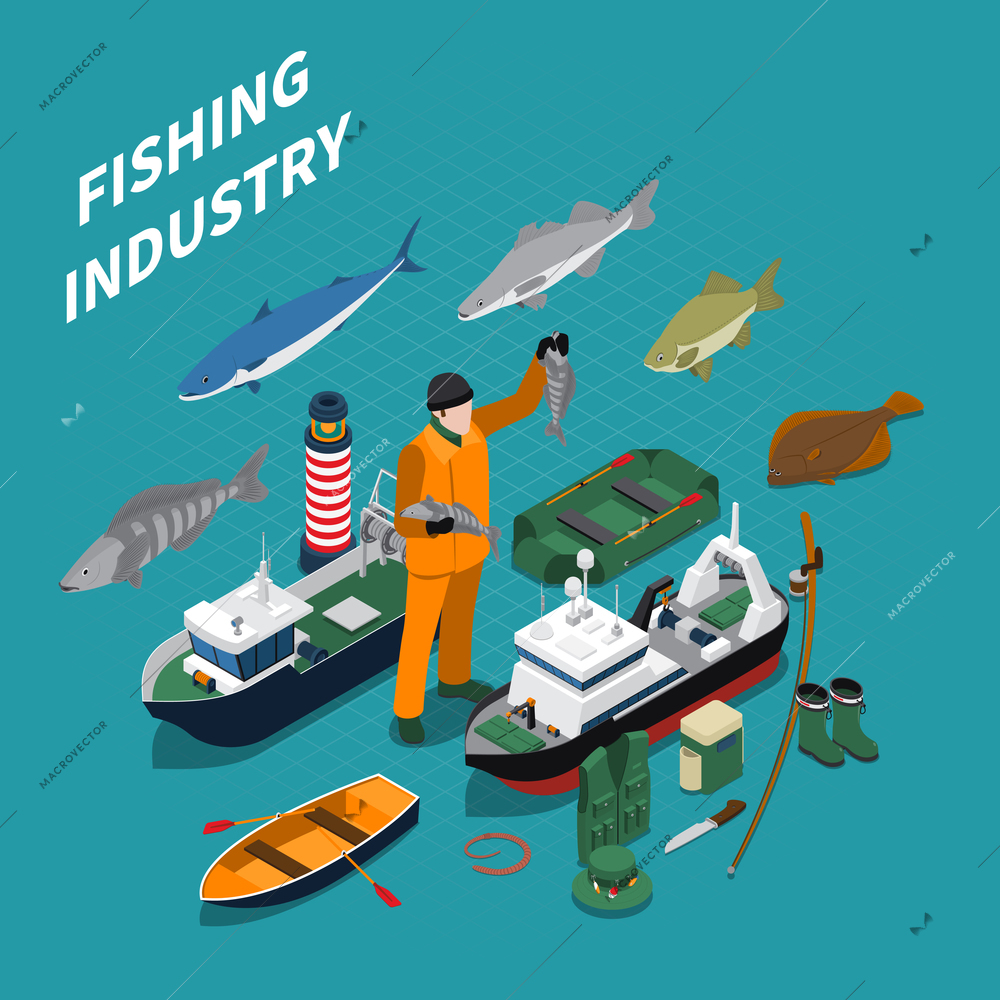 Fishing isometric concept with fishing industry symbols on blue background vector illustration