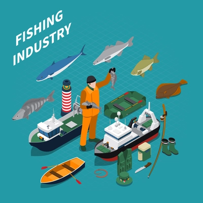 Fishing isometric concept with fishing industry symbols on blue background vector illustration