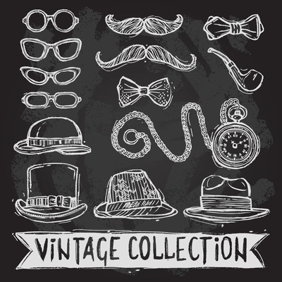 Vintage gentleman set of hats glasses mustaches and bow tie decorative elements isolated vector illustration