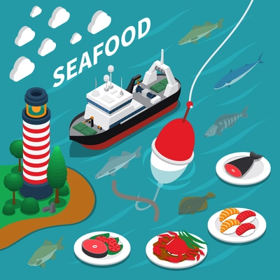 Seafood isometric composition with fishing and lighthouse symbols on blue background vector illustration