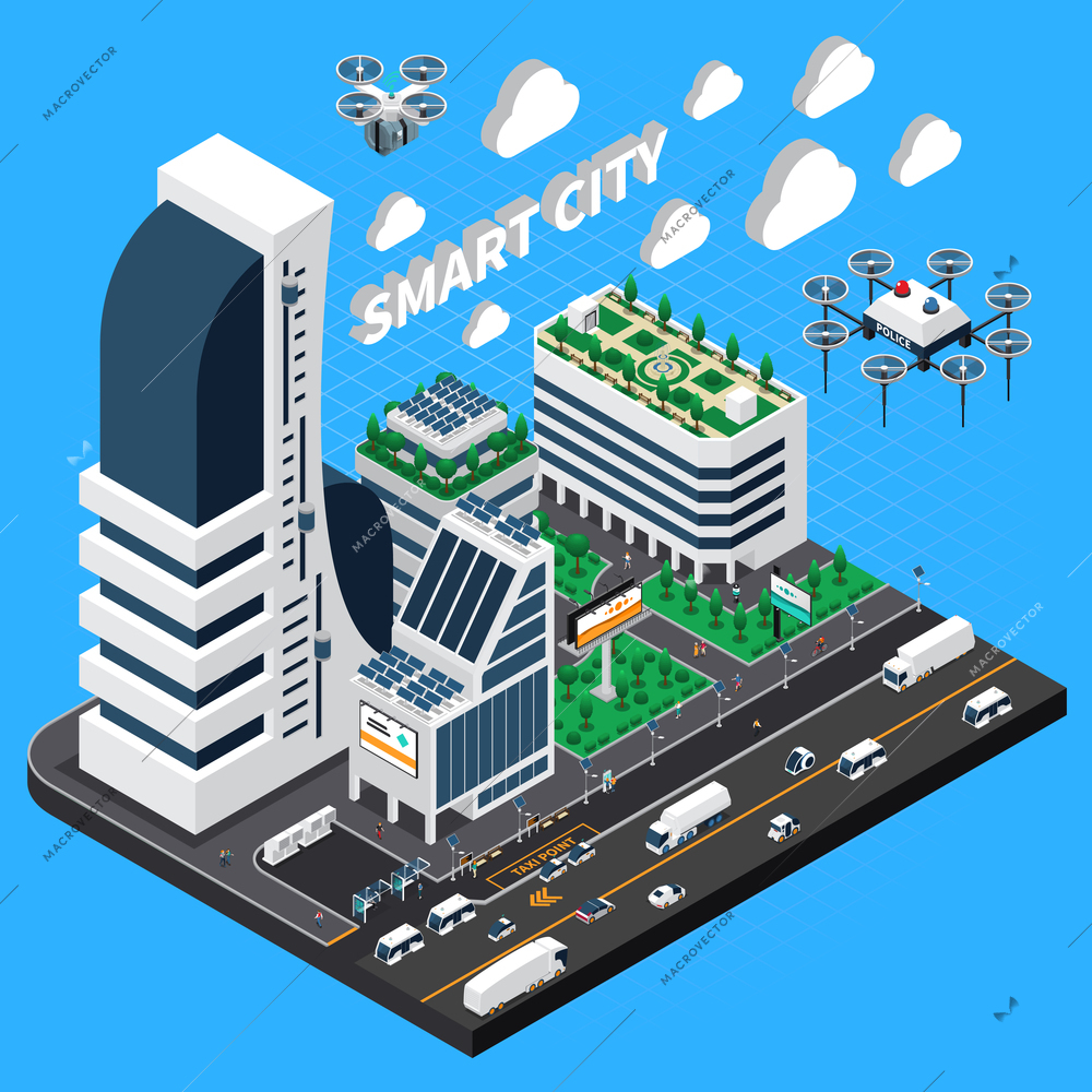 Smart city isometric composition with transport and buildings symbols vector illustration