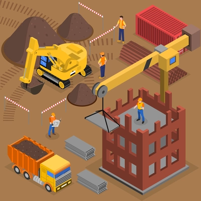 Construction isometric composition with images of building machinery workers and crane near high rise block under construction vector illustration