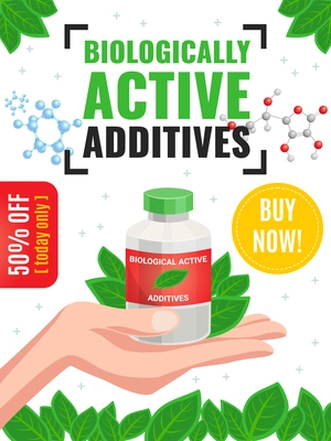 Biological active additives advertising poster with 50 percent off offer and green leaves framing cartoon vector illustration