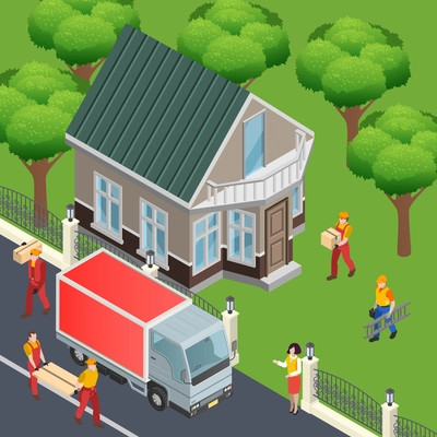 Construction isometric composition with outdoor view of living house and delivery truck with home decoration materials vector illustration