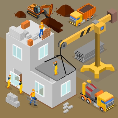 Construction isometric composition with human characters of laborers and builders during building process operated by machines vector illustration