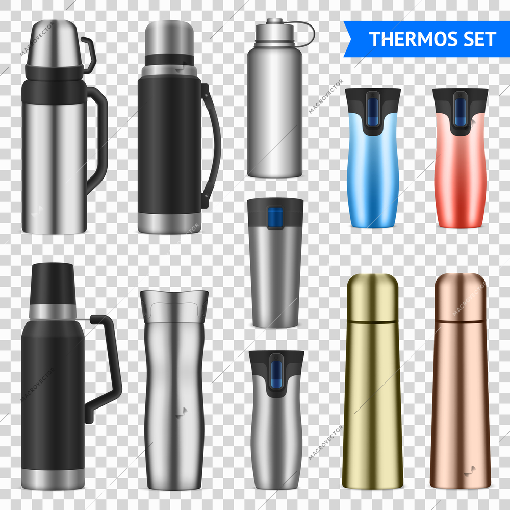 Vacuum bottles flasks insulating storage vessels for drinks food stainless steel  realistic varieties set transparent vector illustration