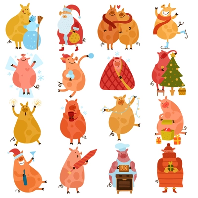 Set of cartoon piggies during new year holiday including playing with snow gift preparation isolated vector illustration