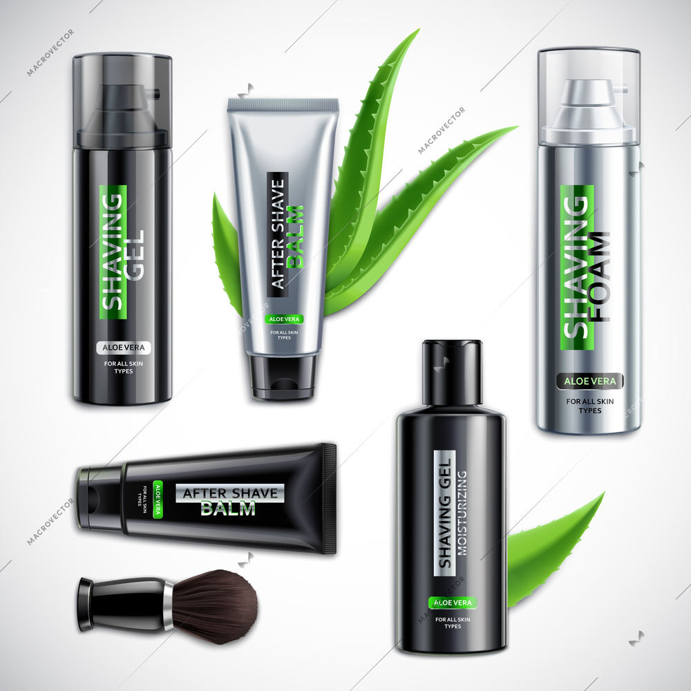 Set of realistic shaving cosmetics with brush including products with aloe vera isolated 3d vector illustration