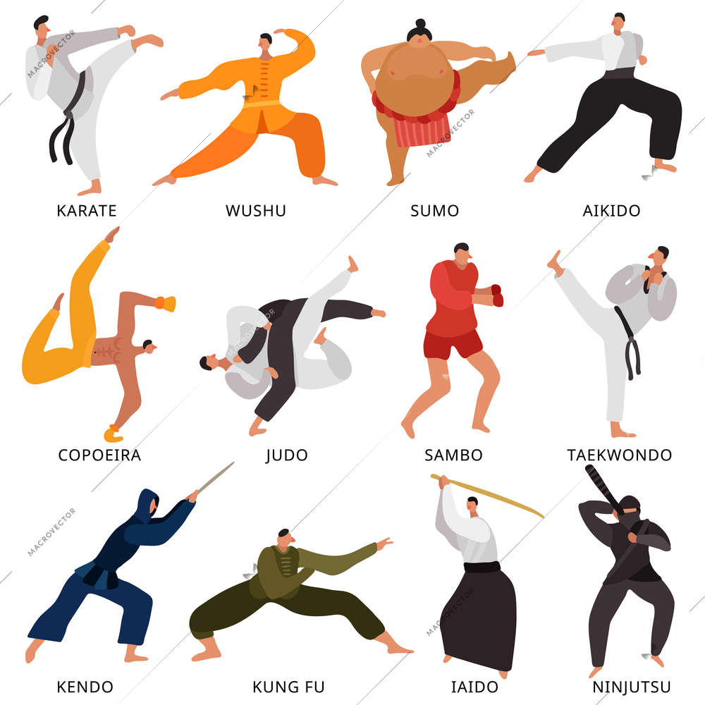 Set of flat icons fighters of various martial arts in uniform with weapon isolated vector illustration