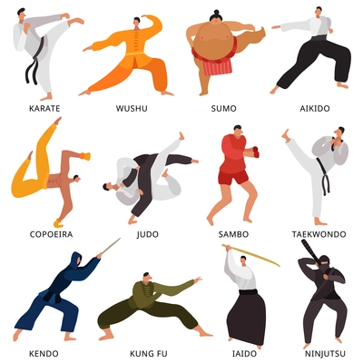 Set of flat icons fighters of various martial arts in uniform with weapon isolated vector illustration