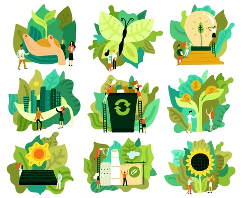 Ecological restoration set of flat icons saving forest green energy eco friendly city isolated vector illustration