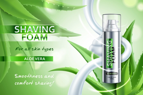 Realistic shaving foam with aloe vera advertising composition on blurred green background with plant leaves vector illustration