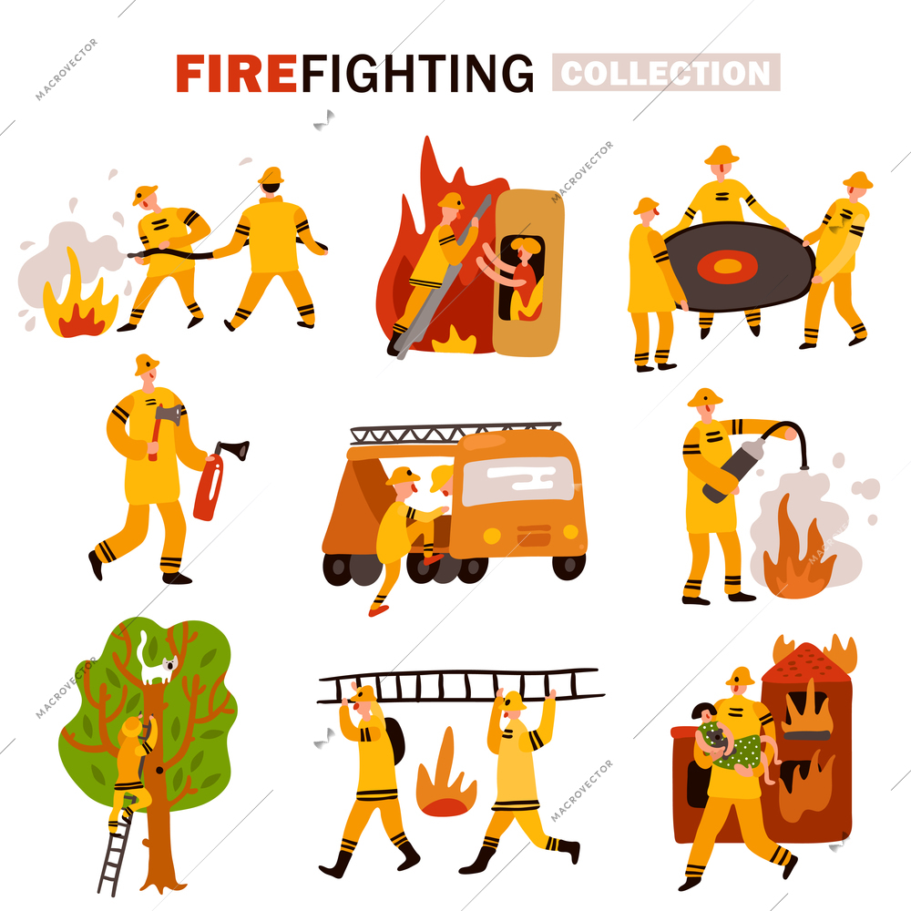 Set of flat icons rescue service during fire fighting and removing cat from tree isolated vector illustration