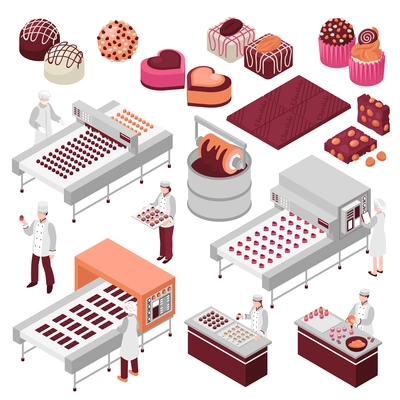 Chocolate manufacture isometric set of sweet food production automated factory lines and staff making candies vector illustration