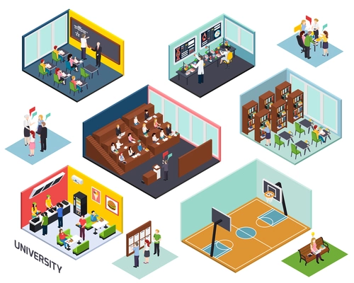 University study concept 10 isometric compositions set with classroom lecture library project sport outdoor isolated vector illustration