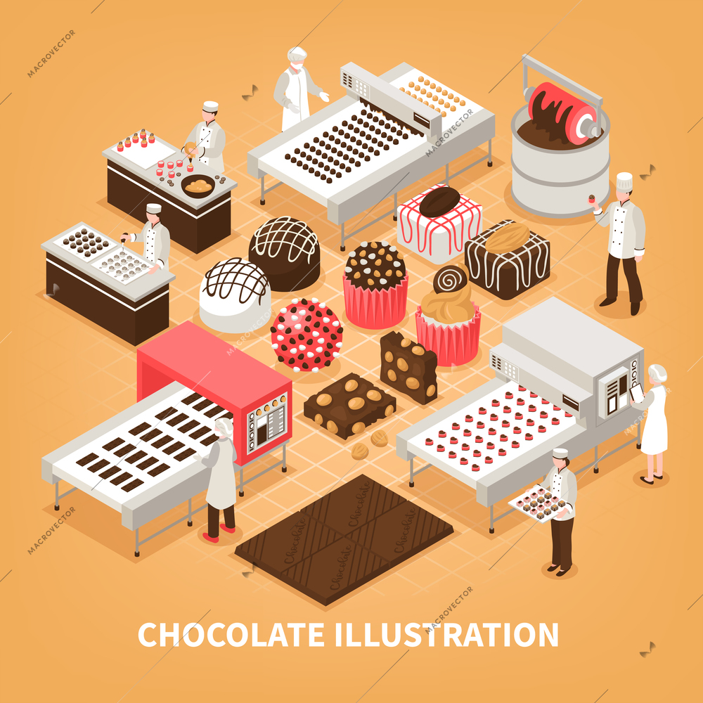 Chocolate manufacture vector illustration with people controlling production process and set of handmade designed sweet goods