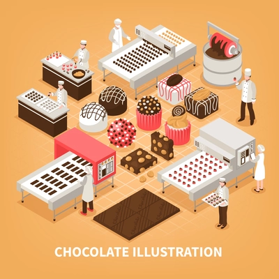 Chocolate manufacture vector illustration with people controlling production process and set of handmade designed sweet goods