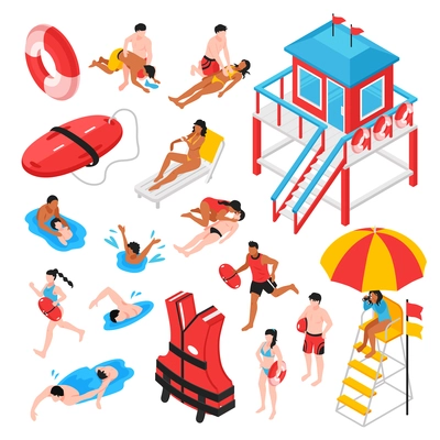 Beach lifeguard isometric set of lifeguard station rescue inventory and savers performing artificial respiration isolated vector illustration