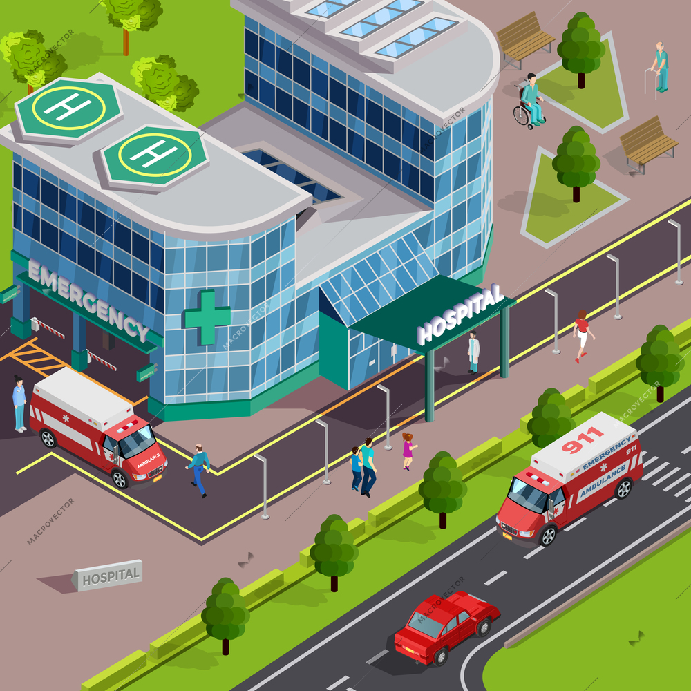 Medical equipment isometric composition with outdoor view of modern hospital building with ambulance cars and helipads vector illustration