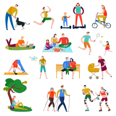 Flat set of colorful icons with people having rest doing sports playing in park isolated on white background vector illustration