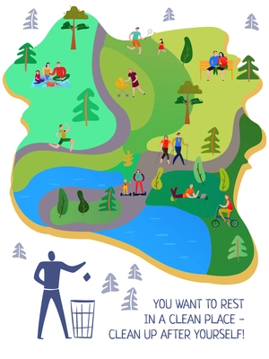 Flat poster with people resting playing doing sports in park vector illustration