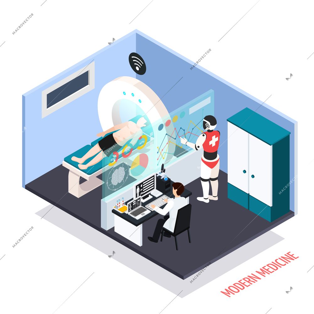 Advanced medical technologies isometric composition with robotic assisted mri scanner diagnostics tests controlled by operator vector illustration