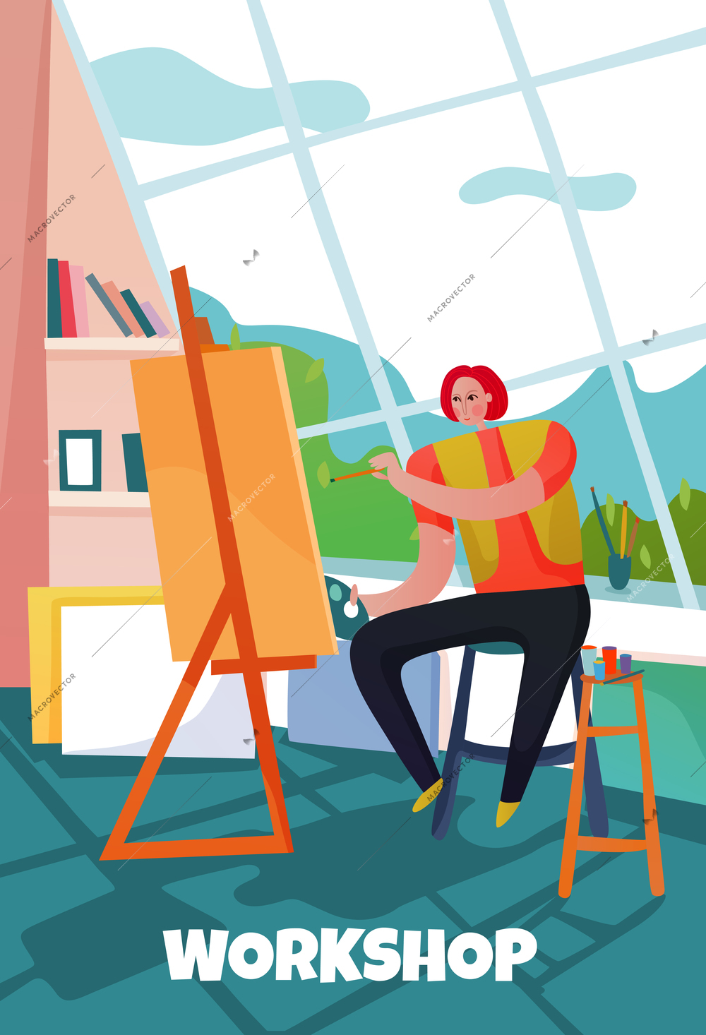 Creative worker painting in his workshop flat vector illustration