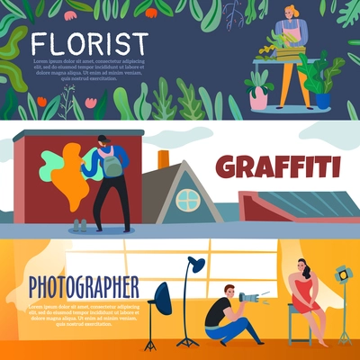 Creative workers horizontal banners set with florist street artist and photographer flat isolated vector illustration