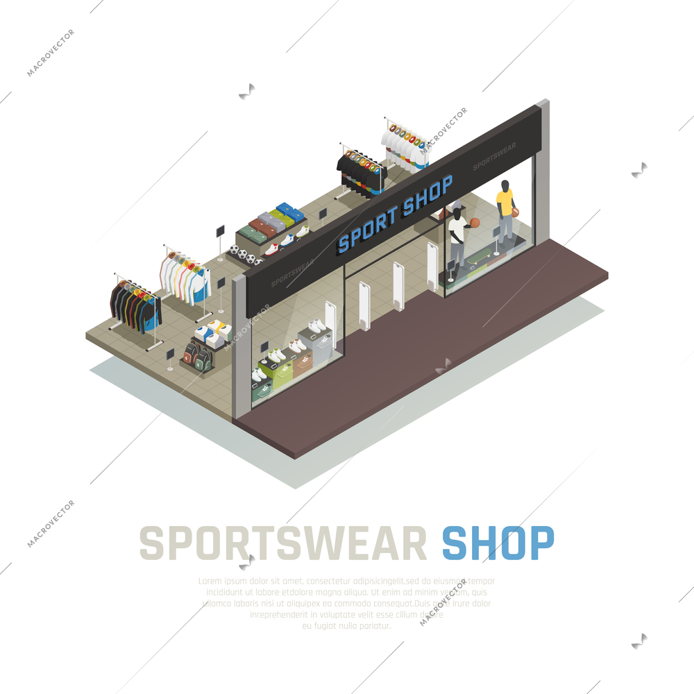 Sports wear shop isometric composition with outside view show case with mannequins clothing and shoes vector illustration