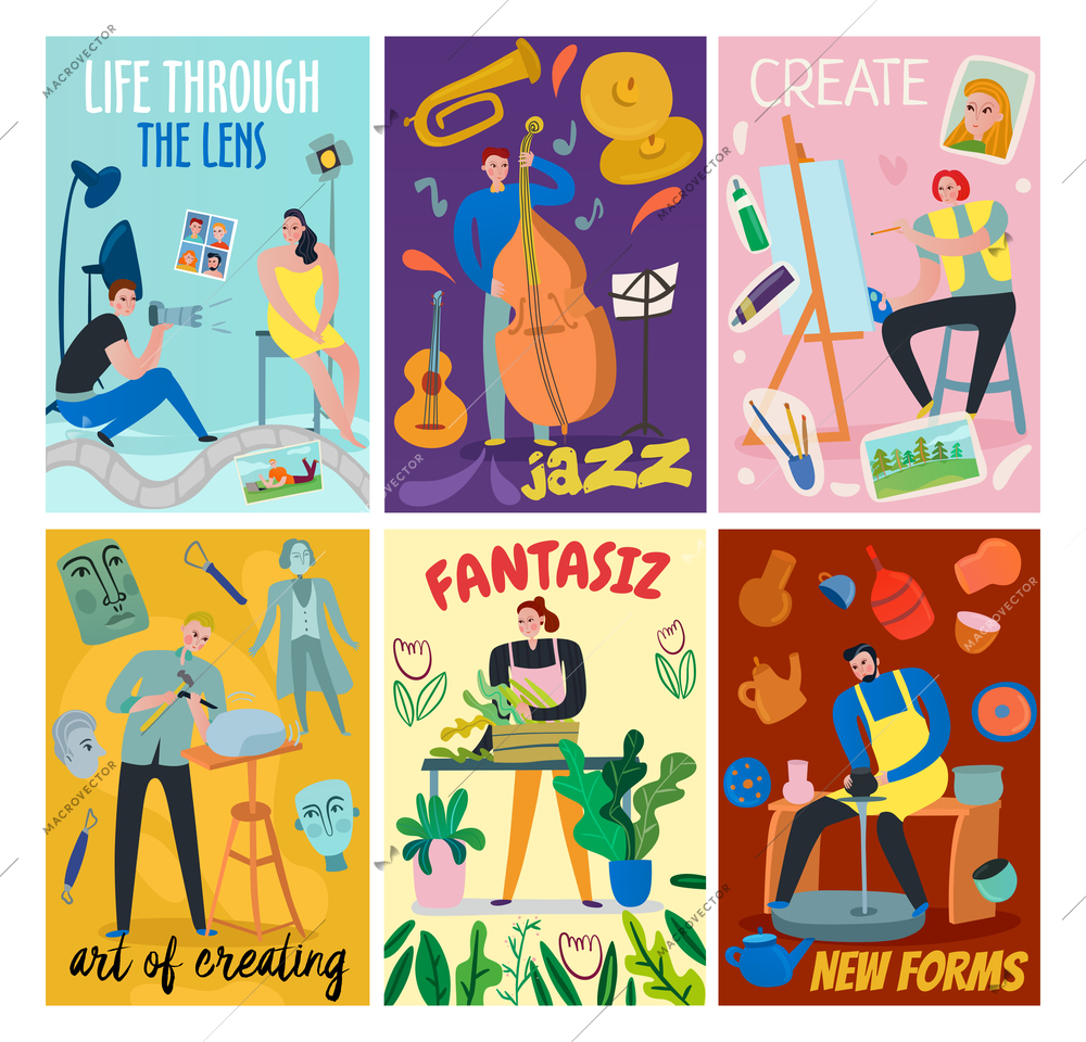 Colorful flat cards set with such creative workers as sculptor florist artist musician photographer isolated vector illustration