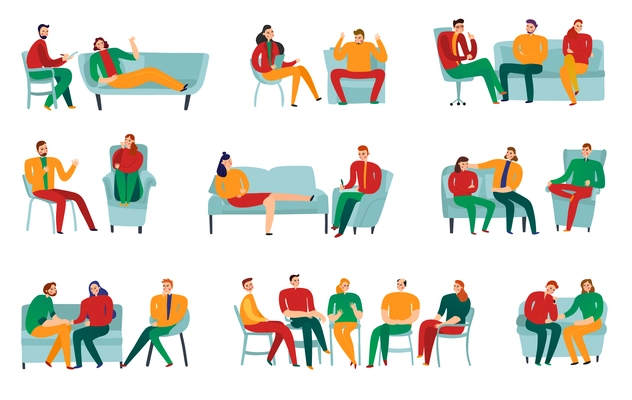 People talking to psychotherapist or psychologist flat icons set isolated on white background vector illustration
