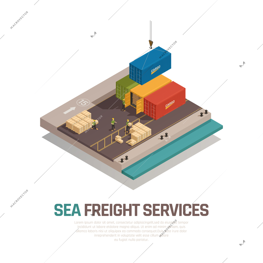 Sea freight services isometric composition with shipment cargo in containers by crane at port vector illustration